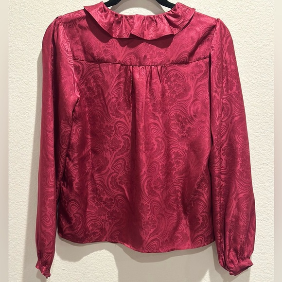 Paige $299 Ilara Jacquard 100% Silk Top Ruffle V-Neck Long Sleeve In Berry Jam - Picture 9 of 11